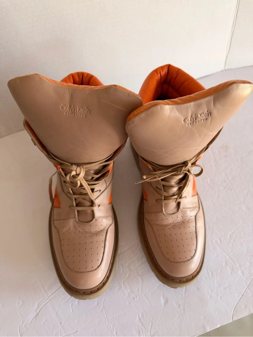 Calvin Klein Collection Beige and Orange Leather High-Top Boots